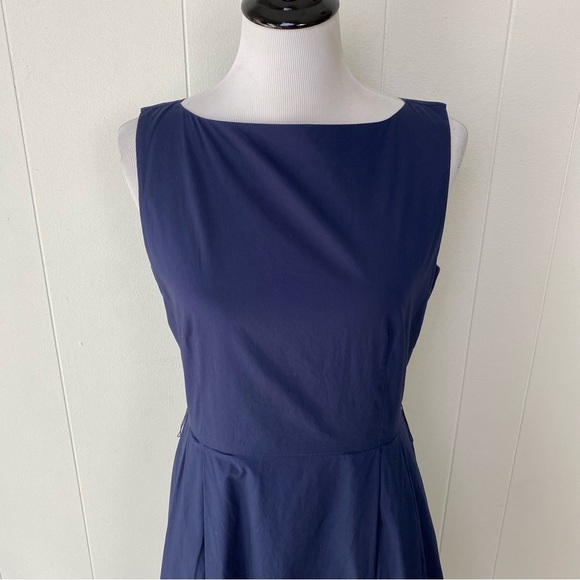 LL Bean Sz 6 Navy Blue Cotton Poplin Midi Sleeveless Pleated Dress Pockets - Picture 3 of 16